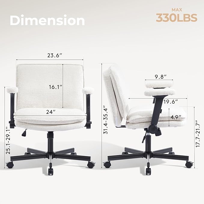 Criss Cross Chair with Flip-Up Arms and Lockable Wheels, Plush Fabric Cross Legged Office Desk Chair，Wider 125°Tilting Adjustable Swivel Chai r for Home, Apartment, Bedroom,Pearl White