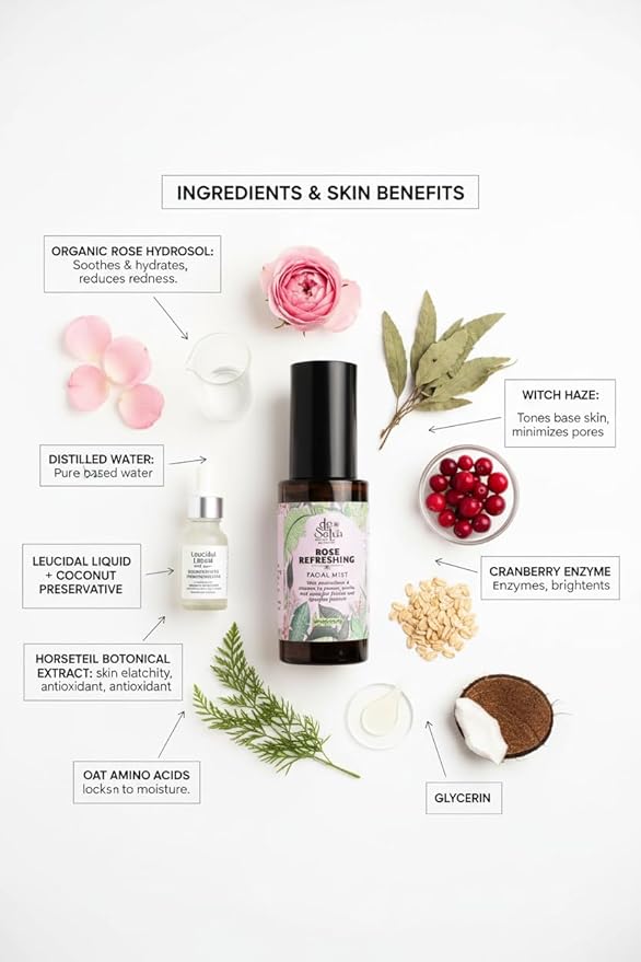 Rose Water Facial Mist – Hydrating Facial Mist with Rose Hydrosol, Cranberry Enzymes & Witch Hazel. Alcohol-Free, Vegan & Natural Skincare for Glowing Skin. 40 ml. De Selva Facial Toner.