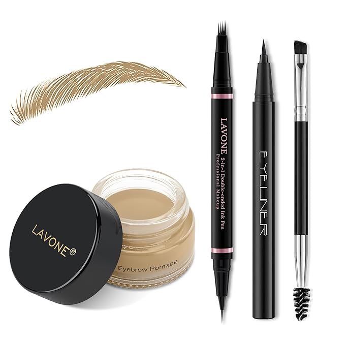 Eyebrow Pencil Makeup Kit, with Waterproof 2-IN-1 Microblading Eyebrow Pen, Eyebrow Pomade, Eyeliner and Dual-ended Eyebrow Brush, Brow Pencil Kit for Natural Eyebrows - Blonde