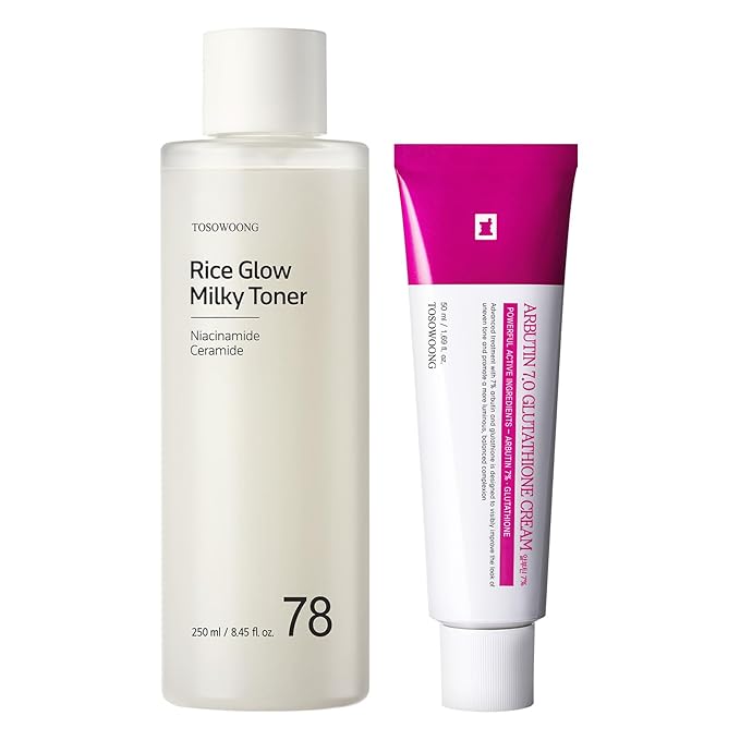 TOSOWOONG Radiance & Clarity Duo: Arbutin 7% Glutathione Cream & Rice Glow Milky Toner for Clearer, Luminous Skin