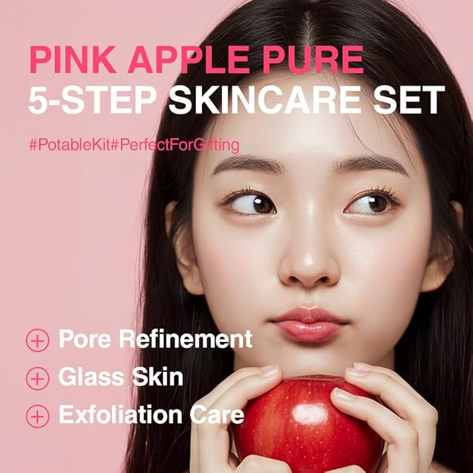 Pink Apple Pure 5-Step Skincare Set – Korean Skincare Travel Kit for Pores & Sebum Control | Jelly Oil Cleanser, Foam Cleanser, Toner, Ampoule, Cream | Portable Gift Set, Made in Korea