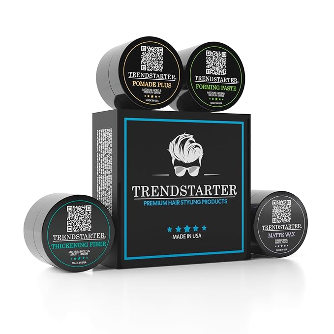 TRENDSTARTER - MATTE WAX SAMPLE PACK - GREAT STOCKING STUFFER - Matte Wax - Forming Paste - Thickening Fiber - Pomade Plus (Four 0.25oz Samples)