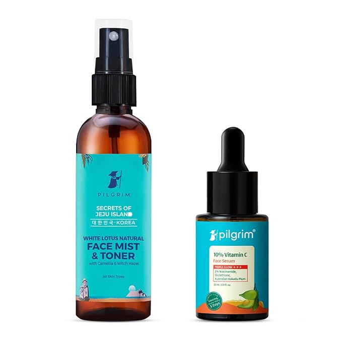 Pilgrim Vitamin C Radiance & Refreshing Combo: 10% Vitamin C Serum & Korean White Lotus Face Mist & Toner | Brightens Skin | Deep Hydration | Triple Glow+++ | Refreshes & Nourishes