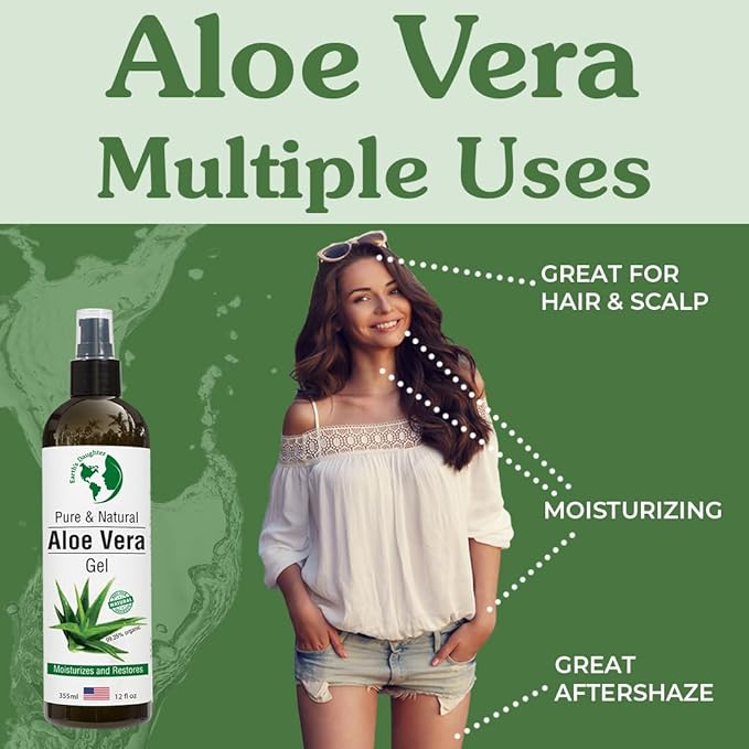 Earth's Daughter Organic Aloe Vera Gel from 100% Pure and Natural Cold Pressed Aloe – Moisturizes - Great for Face - Hair- Sunburn - Aftershave - Bug Bites - 12 oz.