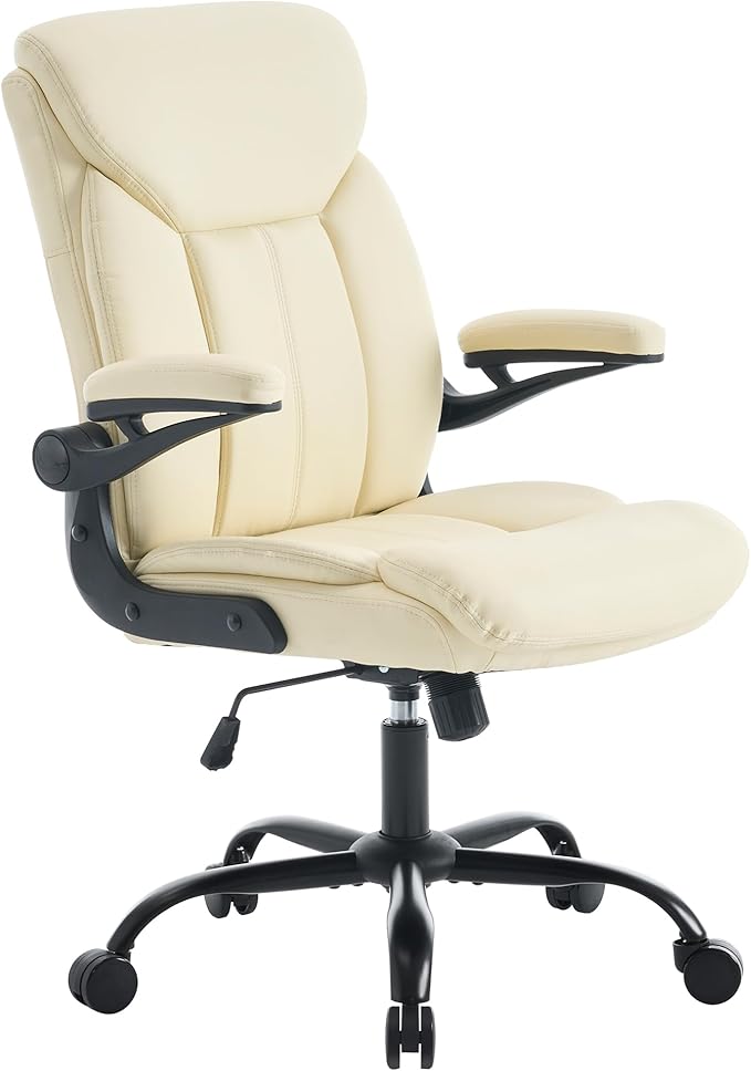 Home Office Ergonomic Desk Chair - Comfy Leather Executive Chair with Flip-Up Armrests, Lumbar Support, 360° Swivel & Rocking (Beige)