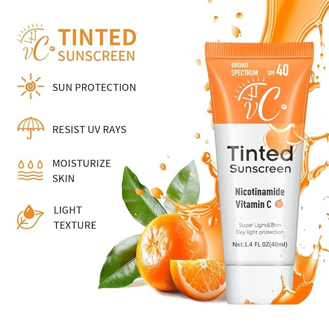 Colored Vitamin C Sunscreen 1.4 fl oz, Broad Spectrum SPF 50, Lightweight Face Lotion for Daily Use, Protection Against UVA/UVB Rays, Non-Greasy Formula