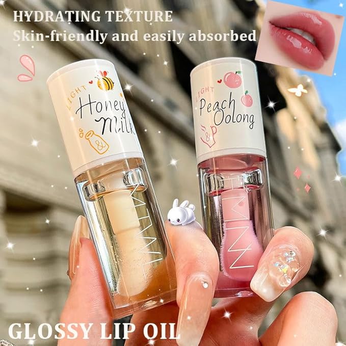 2pcs Peach Honey Lip Gloss, Moisturizing Lip Essence, Plumping Lip Oil Crystal Jelly Lip Oil Balm, Long-Lasting Nourishing Vitamin E Lip Glow Oil Non-Stick Fresh Texture Lip Care Liquid
