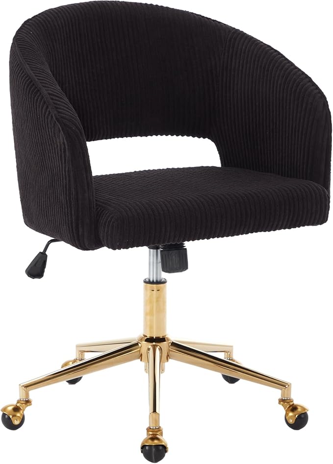 Home Office Chair Swivel Corduroy Fabric Desk Chair Accent Armchair Upholstered Modern Tufted Chairs with Gold Base for Girls Women Ergonomic Study Seat Computer Task Stools for Living Room(Black)