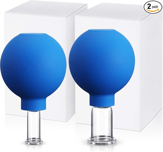 Nuanchu 2 Pieces Glass Cupping Set, Facial Cupping Cups Glass Silicone Cups Vacuum Suction for Face Skin Back Shoulder Muscle (1 Inch and 0.65 Inch Diameter,Blue)