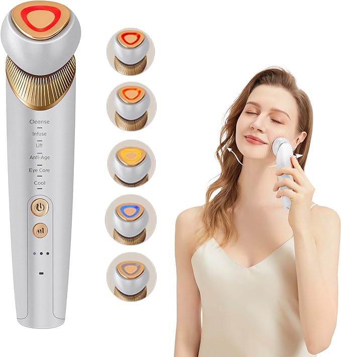 6-in-1 Age-Defying - Eye, Face & Neck Lift & Firm, 5-Color Light Therapy for Face with Microcurrent, Vibration, Heat & Cooling, Skin Care Tool for Youthful & Tightening Skin (White)