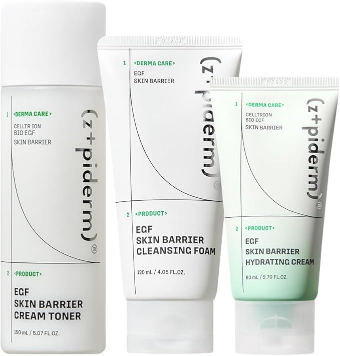 Zipiderm EGF Skin Barrier 3-Step Hydration Routine Set – Deep Cleansing Foam + Cream Toner + Hydrating Gel Cream Moisturizer, Korean Gentle Cleanse–Tone–Moisturize Duo for Sensitive, Dry & Acne-Prone