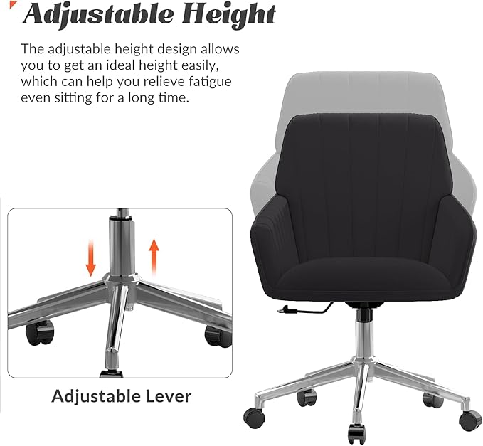 YISHENG Velvet Office Desk Chair with Silver Base, with Wheels,Modern Height Adjustable 360 Degree Swivel Upholstered Vanity Chairs with Arms for Living Room Bedroom,Black