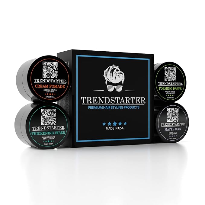 TRENDSTARTER - Men's Matte Premium Pomade Sample Pack - Cream, Wax, Forming Paste, Thickening Fiber (Four 0.25oz Samples in One Box)