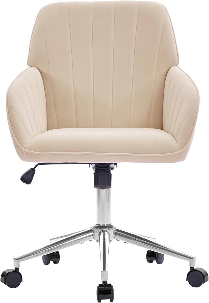 YITAI Velvet Office Desk Armchairs with Silver Base and Wheels,Modern Height Adjustable 360 Degree Swivel Upholstered Vanity Chairs for Living/Room Bedroom/Study,Khaki