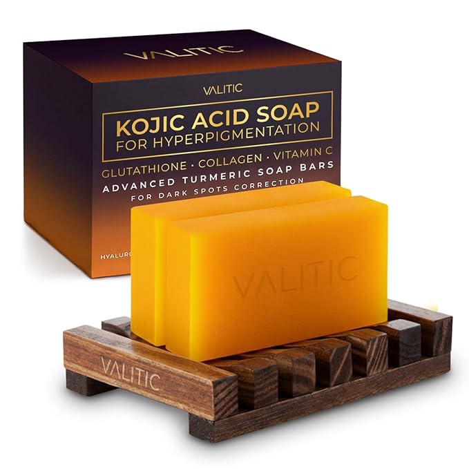 VALITIC Kojic Acid Soap for Hyperpigmentation - with Glutathione, Collagen & Vitamin C - Advanced Soap Bars with Turmeric - Original Japanese Complex for Dark Spot Correction - 2 Pack + Holder