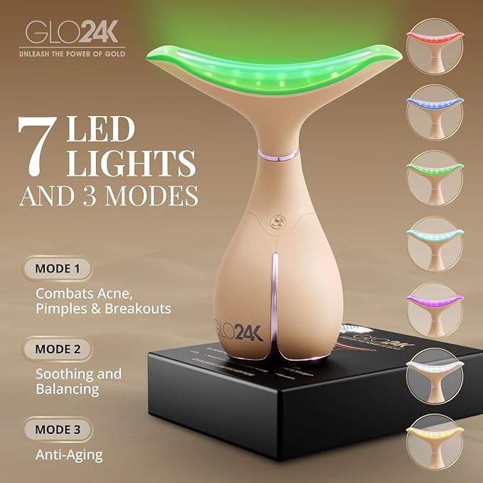 GLO24K 7 Color Beauty Device – Triple LED Action & Vibration Technology Facial and Neck Massager (2 Pack)