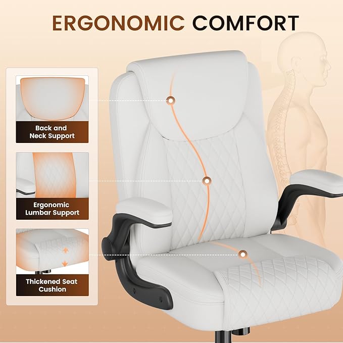 GTPLAYER Leather Office Chair, Home Desk Chair with Flip-up Arms and Ergonomic Back - Comfy Heavy Duty Executive Chair for Home Office Gaming, White