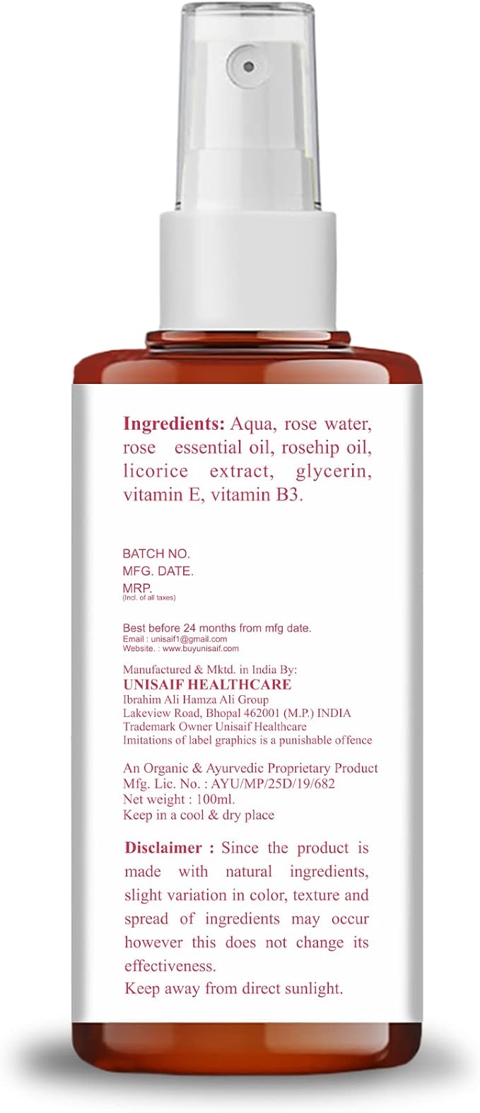 Rose Hydrating Toner & Facial Mist with Rose Oil | Unclog Pores | Makeup Removal | Facial Toner for Acne Prone Skin (100 ml)