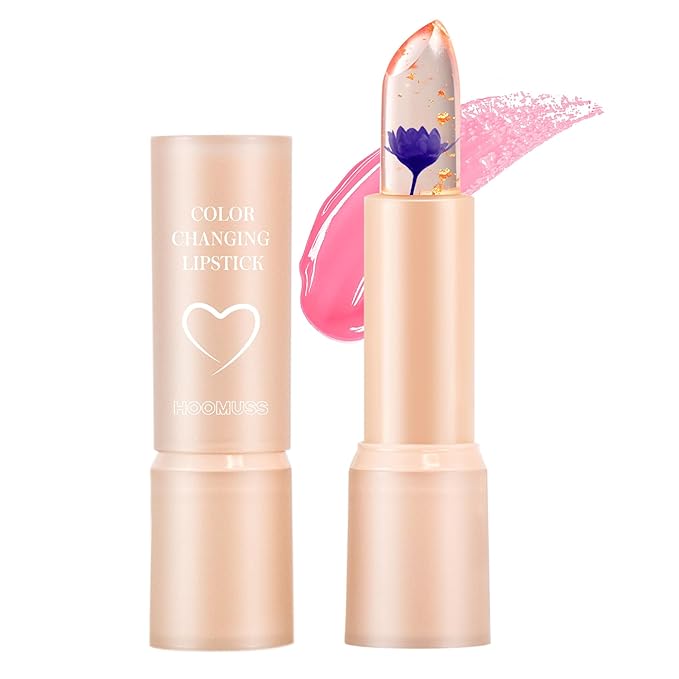 Tinted Lip Balm Flower Lipstick Tinted Lip Gloss Long Lasting PH Lipstick Color Changing Lipsticks Natural Chapstick, Glitter Pink Lip Stick, Purple Flower