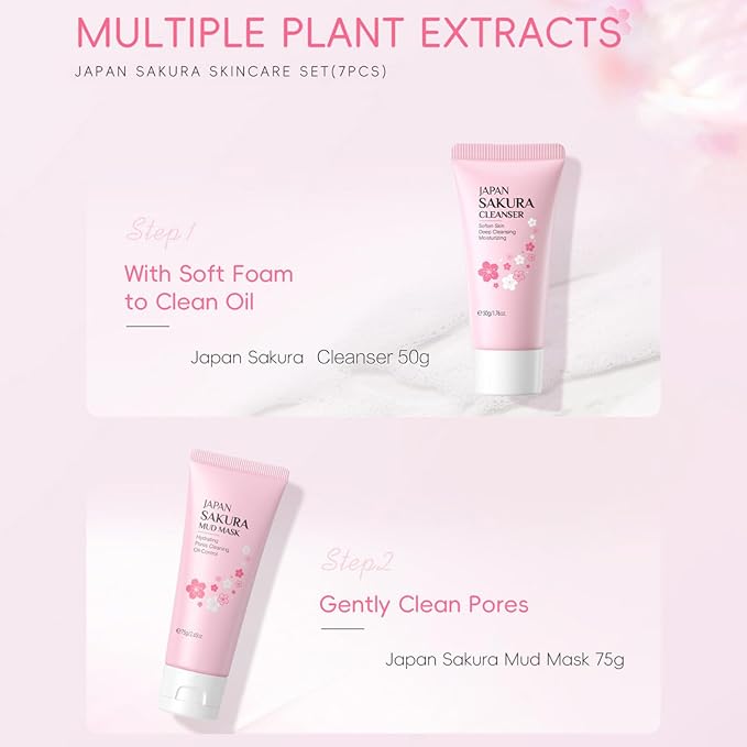 Skin Care Sets for Teenage Girls, Sakura Skin Care Sets & Kits Women Beauty Gift Set with Cleanser, Mud Mask, Toner, Serum, Eye Cream, Facial Cream, and Sunscreen, Birthday Gift for Women and Girls