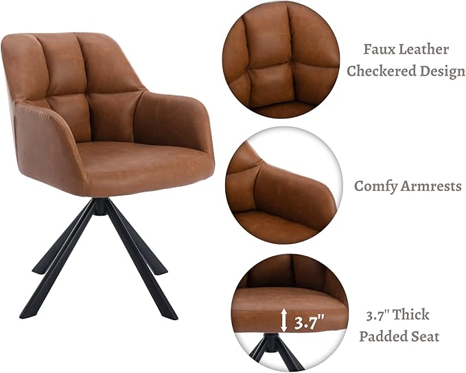 EALSON Comfy Leather Desk Chair Modern Computer Task Chair no Wheels Swivel Accent Chair with Mid Back Arm Chair for Living Room/Bedroom/Home Office, PU Brown