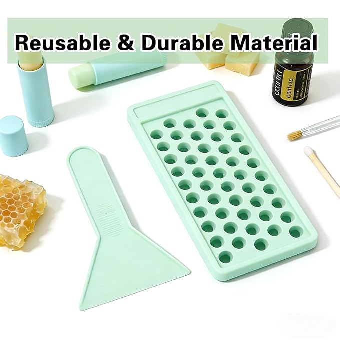 50-Slot Lip Balm Filling Tray & Spatula Set | Reusable Cosmetic Making Tools for Custom Lipstick,DIY Beauty Products Making. Gloss Making Kit Capsule Lipstick Filler(50 slot Green) (Green-50 Slot)