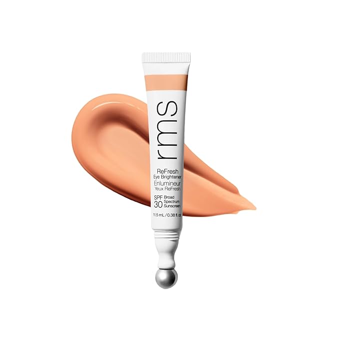 RMS Beauty Superbright Undereye Corrector – 100% Mineral SPF 30 Sunscreen – Brightening Eye Cream with Caffeine & Peptides – Tinted Depuffing Metal Rollerball – 0.4 fl oz