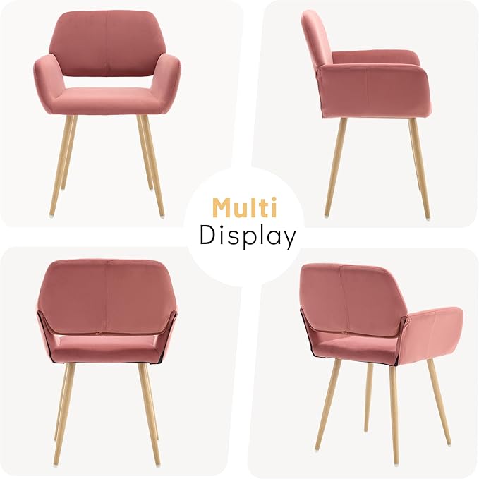 KCC Small Modern Dining Room Arm Chairs Set of 2, Mid-Century Upholstered Velvet Side Seat Club Guest with Metal Tube Legs for Kitchen, Living Room, Rose