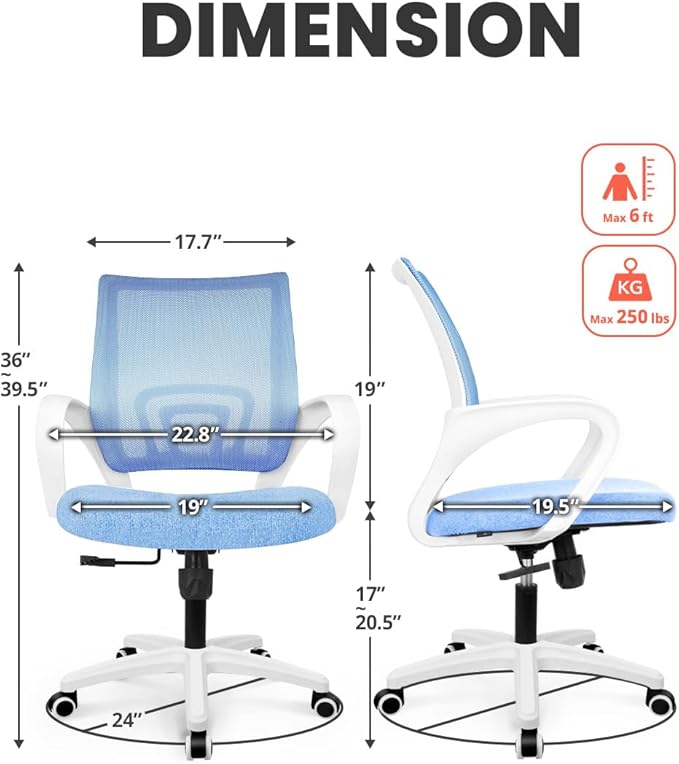 NEO CHAIR Office Desk Computer Chair Ergonomic Mesh Gaming Mid Back Seat with Comfy Lumbar Support Adjustable Height Swivel for Home Task (Sky Blue)