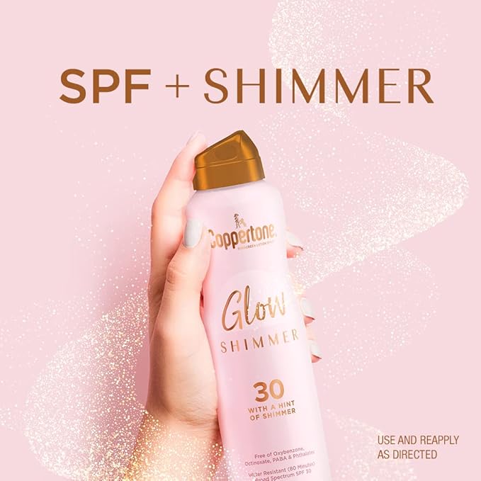 Coppertone Glow Shimmer Sunscreen Spray SPF 30, Water Resistant Broad Spectrum SPF 30 Spray Sunscreen, Free From Parabens, PABA, Phthalates, Octinoxate and Oxybenzone, 5 Oz Bottle, Pack of 2