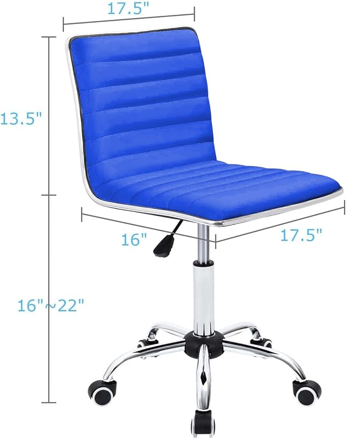 Furmax Vanity Office Desk Chair with Wheels, Armless Small Cute Leather Makeup Computer Task Chair Adjustable Height 360° Swivel (Blue)