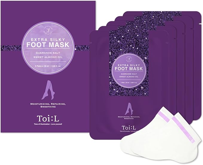 Toi:L Extra Silky Foot Mask 5 Pairs, Post-Peeling Foot Care Treatment, Moisturizing Socks with Guerande Salt & Sweet Almond Oil for Dry Feet, Cracked Heels, and Callus, Easter Basket Stuffer
