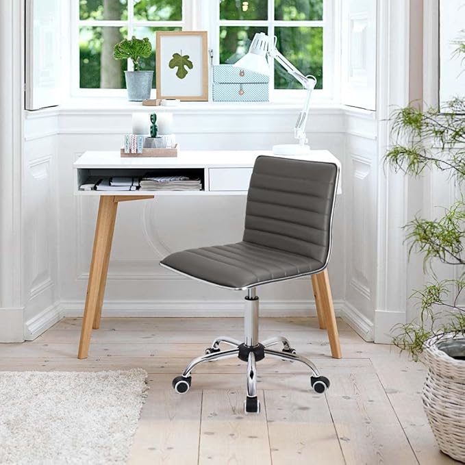 Furmax Vanity Office Desk Chair with Wheels, Armless Small Cute Leather Makeup Computer Task Chair Adjustable Height 360° Swivel (Grey)