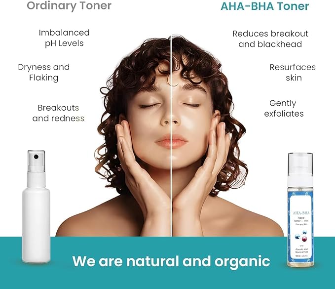 MZ Natural Skincare AHA BHA Toner, Hydrating Face Spray Mist, Reduces Blackheads and Breakouts, Contains Glycolic Acid, Sulphate and Silicone Free, for Women and Men, All Skin Types, 120ml