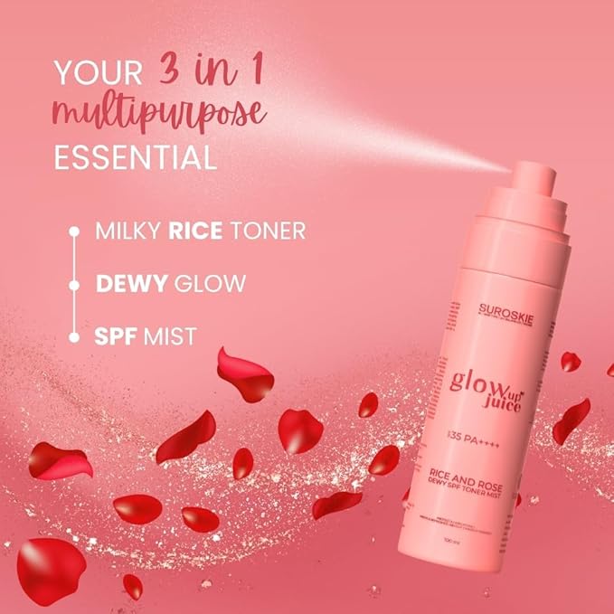 Glow Up Juice Spf 35 Pa++++ 100Ml | Rose & Rice Toner Korean Skincare For Glass Skin | Uv Rays Protection | Brightens & Smoothens | Dewy Mist For All Skin Types | Dermatologically Tested