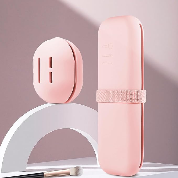 Silicone Makeup Brush Holder Travel Case No Odor Nylon Strap Closure | Water-Resistant Brush Organizer for Travel Makeup Brushes Storage-Pink