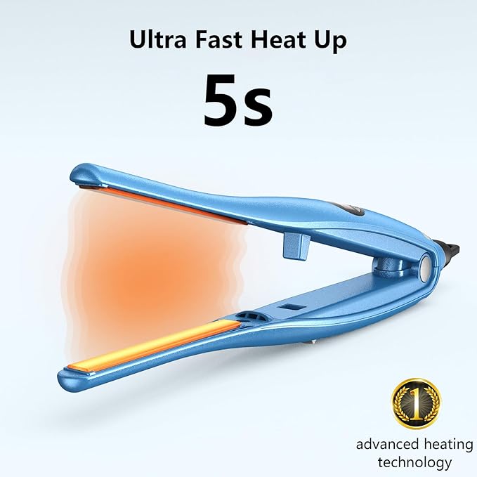 3/10'' Small Pencil Flat Iron for Short Hair, Pixie Cut, Edges. 5s Ultra Fast Heat Up, 270℉-450℉ Adjustable Temperatures, Tourmaline Ceramic & Ionic Technology, Dual Voltage for Travel, Blue