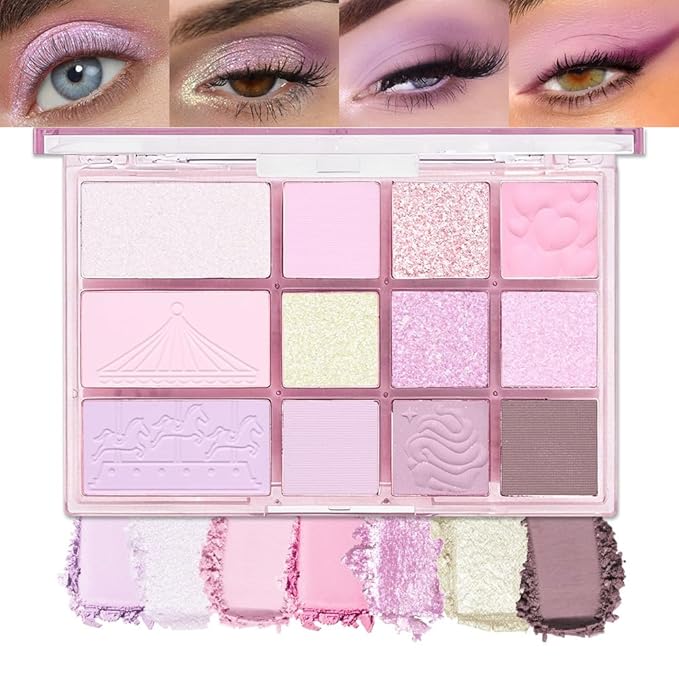 SUAKE Nude Pink Eyeshadow Palette, Matte & Shimmer, High Pigmented 12 Colors Brown Purple Eye Shadow Primers for Eye Makeup, Korean Powder Palet de sombras de ojos (05# Cotton Candy)