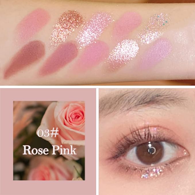 Erinde 10 Colors Eyeshadow Palette Makeup - Matte Shimmer Glitter Eye Shadow, Natural-Looking Korean Eye Makeup, Ultra-Blendable, High Pigmented, Pink Eyeshadow Palette with Brush, Rose Pink