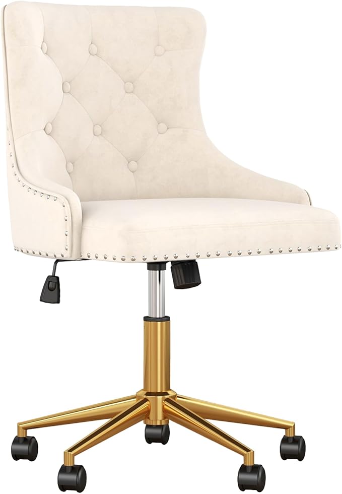 Velvet Armless Home Office Desk Chair, Swivel Height-Adjustable Small Cute Vanity Chair for Women/Girls, Comfy Makeup Chair with Rivet and Gold Base for Living Room, Bedroom(Beige)