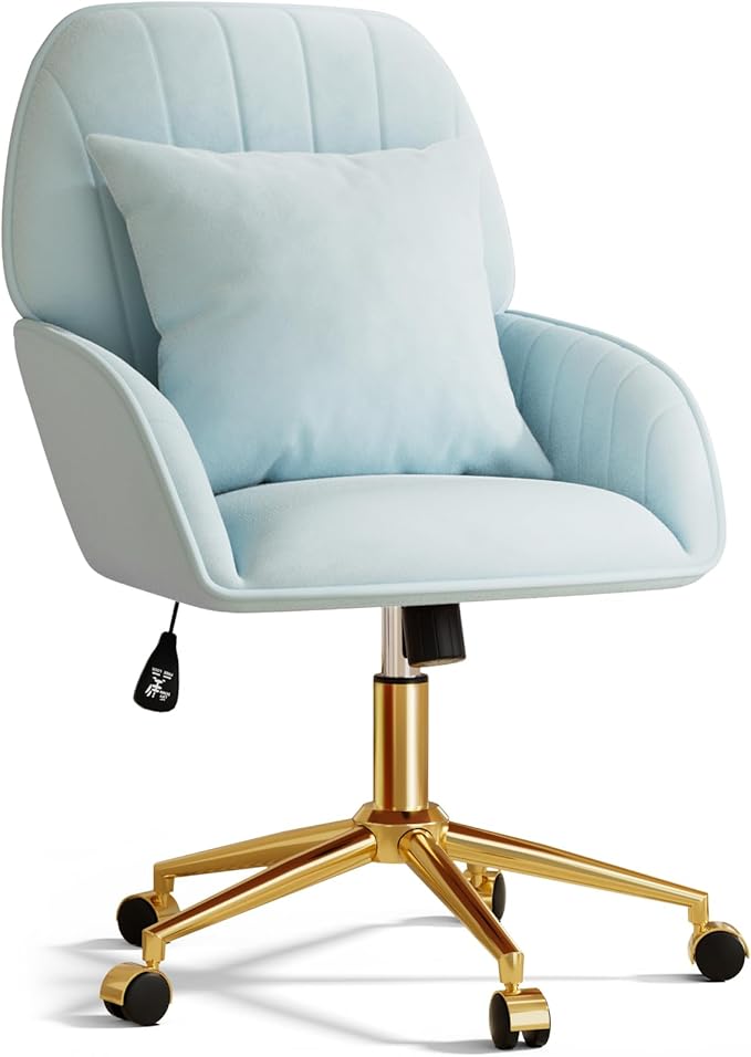 Home Office Desk Chair Comfy with Adjustable Swivel Wheels, Modern Velvet Makeup Vanity Chair with Back & Pillow, Ergonomic Office Chair Computer Task Chair for Living Room, Bedroom, Blue