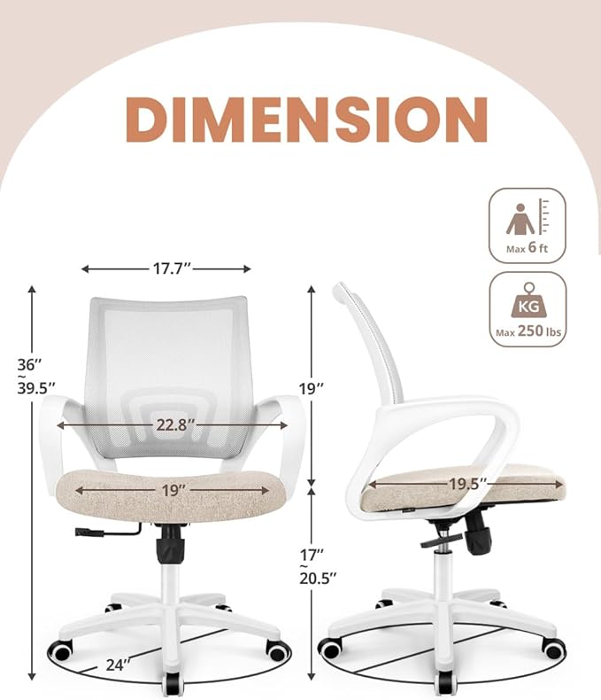 NEO CHAIR Office Desk Computer Chair Ergonomic Mesh Gaming Mid Back Seat with Comfy Lumbar Support Adjustable Height Swivel for Home Task (Beige)