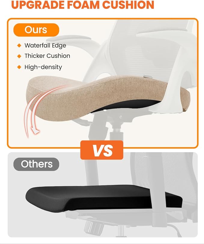 NEO Chair Office Chair High Back Desk Mesh Chair Comfy Computer Gaming Seat with Adjustable Ergonomic Headrest Lumbar Rolling Flip-up Armrests and Wheels (Beige)