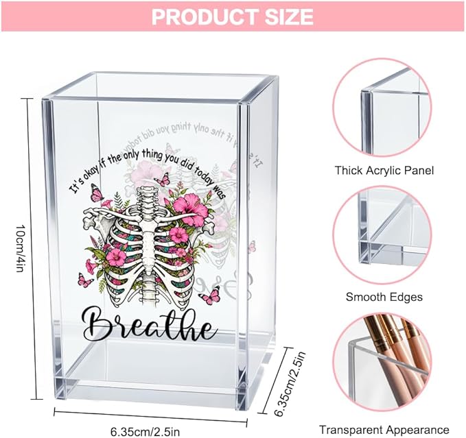 It's Okay Only Breathe Acrylic Cosmetic Pencil Pen Holder Cup, Skeleton Desk Organizer Accessories for Office, Inspirational Gifts for Women Girl Coworker Therapist Teacher Respiratory Doctor