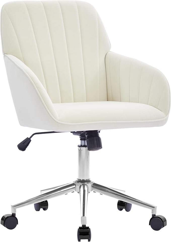Velvet Home Office Desk Chair, Modern Cute Computer Task Chair with Back, Height Adjustable Upholstered Vanity Chair with Swivel Wheels for Women, Girls (Silver Base, Cream