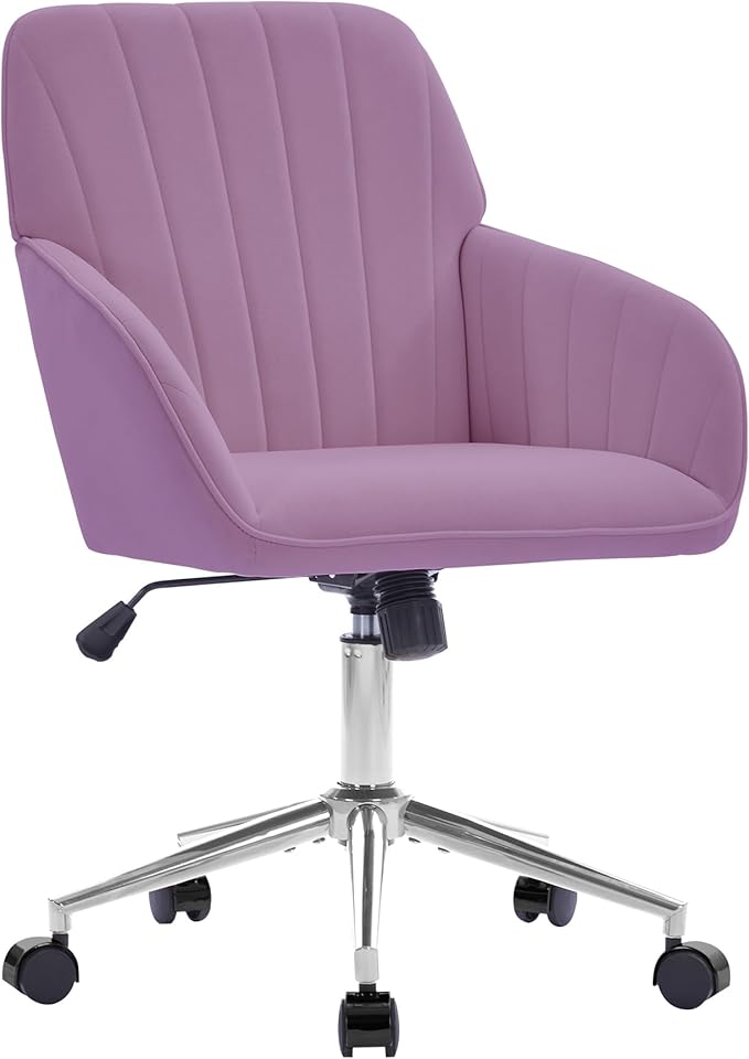 Velvet Home Office Desk Chair, Modern Cute Computer Task Chair with Back, Height Adjustable Upholstered Vanity Chair with Swivel Wheels for Women, Girls (Silver Base, Light Purple