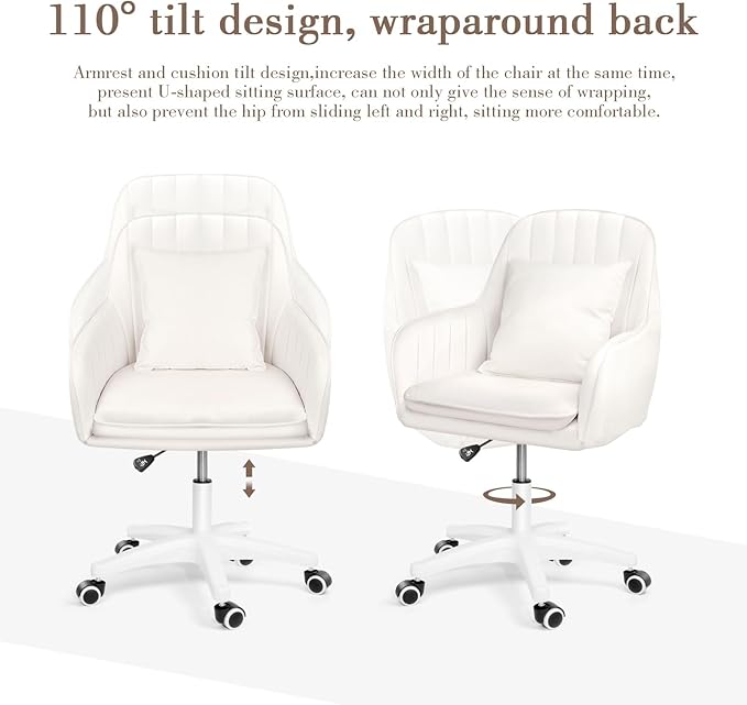 Mid Back Velvet Vanity Chair Swivel Rolling Desk Chair with Wheels, Modern Upholstered Makeup Chair for Women Girls, Computer Task Chair for Bedroom Living Room Office, White