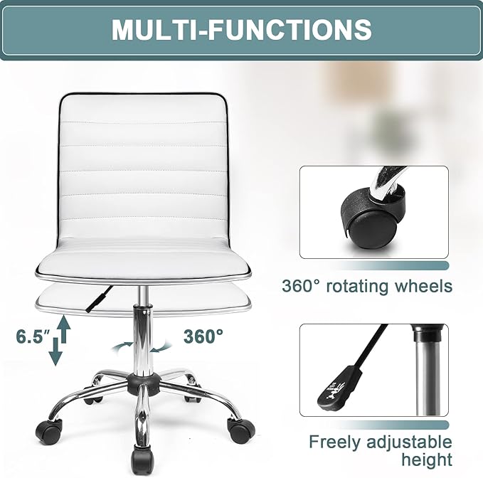 OFIKA Office Desk Chair, Adjustable Task Chair, Low Back Faux Leather Ribbed Swivel Chair, Armless Home Rolling Chair Retro with Wheels