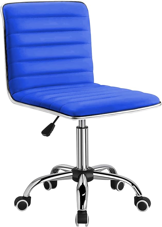 Furmax Vanity Office Desk Chair with Wheels, Armless Small Cute Leather Makeup Computer Task Chair Adjustable Height 360° Swivel (Blue)