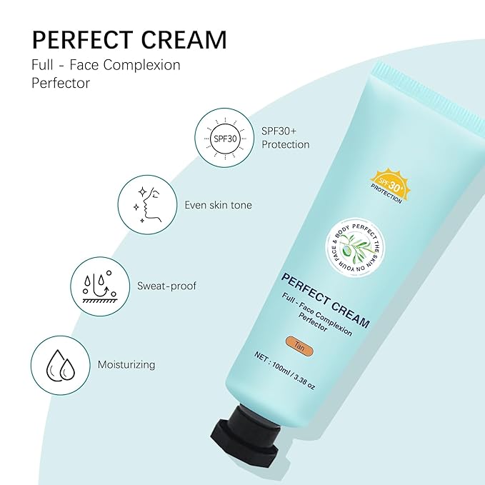 Skin Tint CC Cream Foundation with SPF 30,All-Over Complexion Perfector Shimmery Moisturizer,Concealer & Full Coverage Makeup,Waterproof & Transfer-Resistant,12H Wear for Flawless Complexion (Tan)
